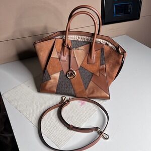 Michael Kors Patchwork Leather Suede Satchel Bag Brown Tan Metallic Bronze MK